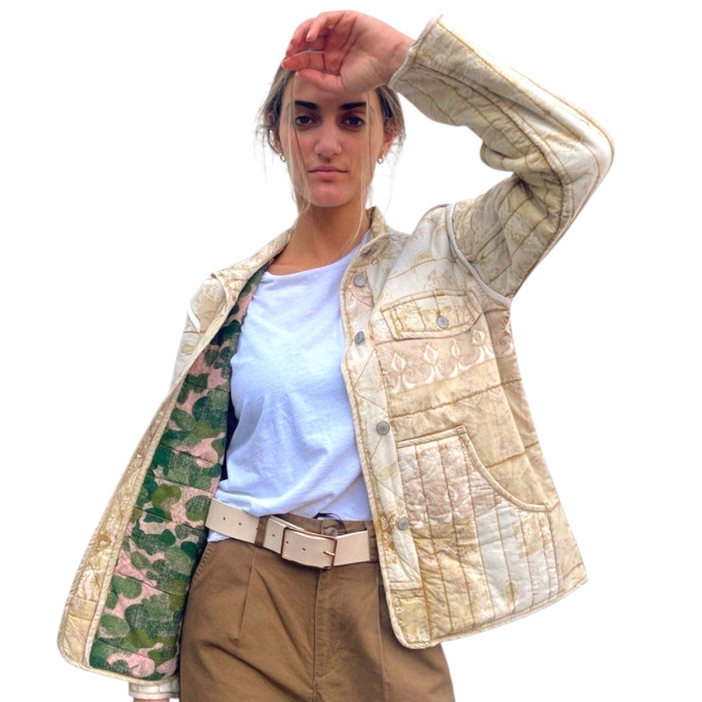Free People Fade Out Utility Jacket Neutral Quilted Patchwork Boho S NWT